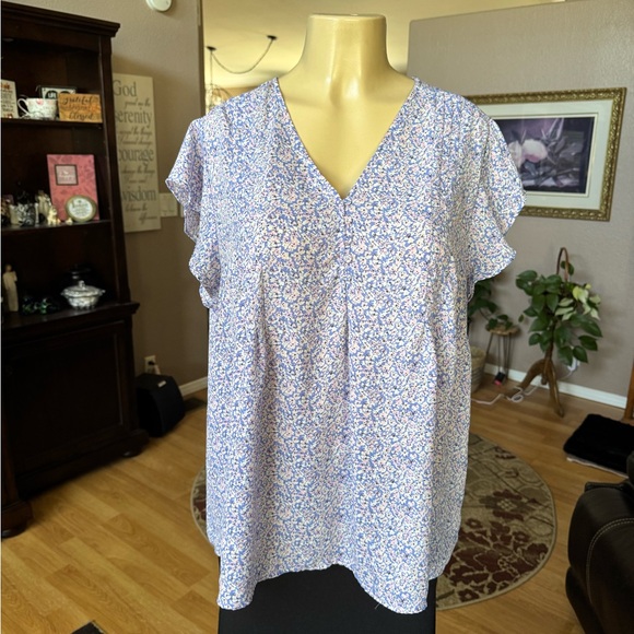 Carolina Belle purple, blue & white ruffle sleeve blouse-size 1X - Picture 5 of 9